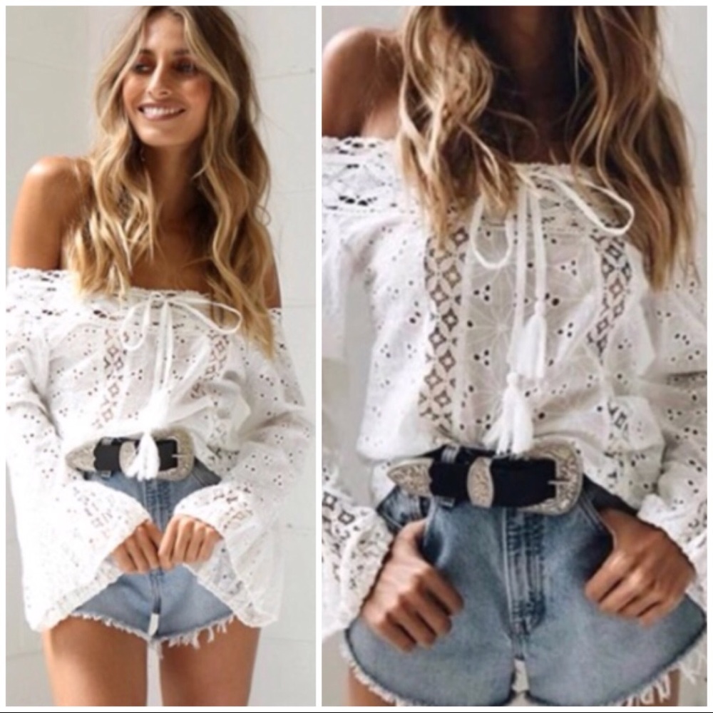Boho Crochet Eyelet White Off Shoulder Top - Picture 2 of 4